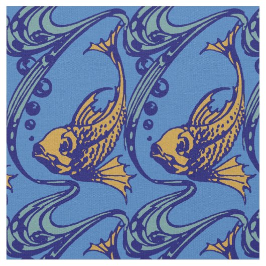 ヴィンテージアールヌーボー魚柄 ファブリック (クローズアップ)