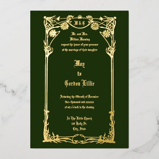 ヴィンテージアールヌーボー1908縁どフローラ結婚s 箔招待状 (正面)