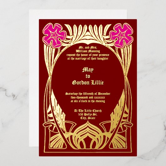 ヴィンテージアールヌーボー2花葉枠 箔招待状 (正面/裏面)