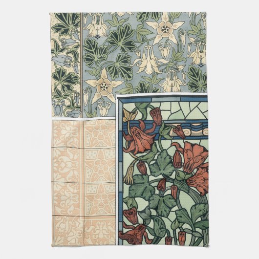 ヴィンテージアールヌーボー、オダマキ(植物)アキレジアフラワー キッチンタオル (縦)