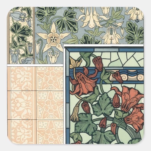 ヴィンテージアールヌーボー、オダマキ(植物)アキレジアフラワー スクエアシール (正面)