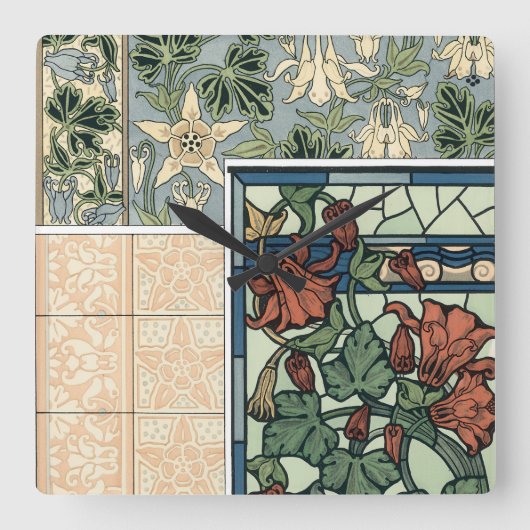 ヴィンテージアールヌーボー、オダマキ(植物)アキレジアフラワー スクエア壁時計 (正面)