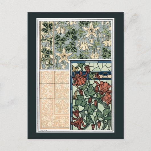 ヴィンテージアールヌーボー、オダマキ（植物）アキレジアフラワー ポストカード (正面)