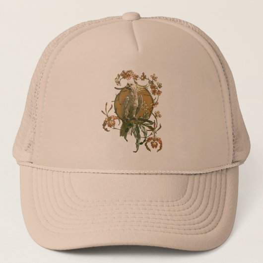 ヴィンテージアールヌーボー、コッカトー鳥、蘭の花 キャップ (正面)