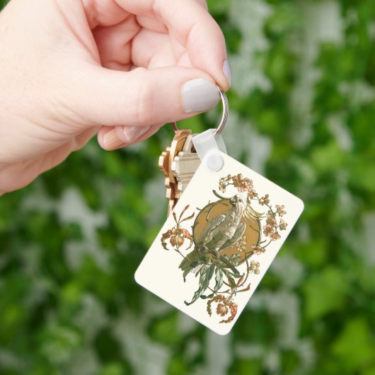 ヴィンテージアールヌーボー、コッカトー鳥、蘭の花 キーホルダー (手)
