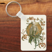 ヴィンテージアールヌーボー、コッカトー鳥、蘭の花 キーホルダー (正面)