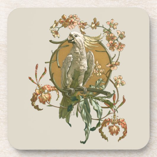 ヴィンテージアールヌーボー、コッカトー鳥、蘭の花 コースター (正面)