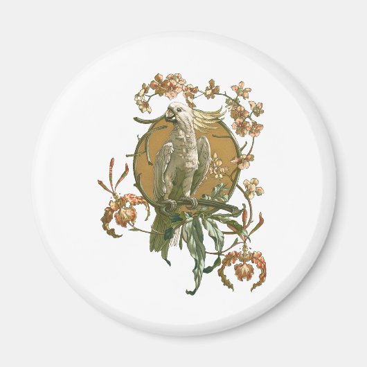 ヴィンテージアールヌーボー、コッカトー鳥、蘭の花 マグネット (正面)