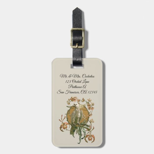 ヴィンテージアールヌーボー、コッカトー鳥、蘭の花 ラゲッジタグ (正面縦)