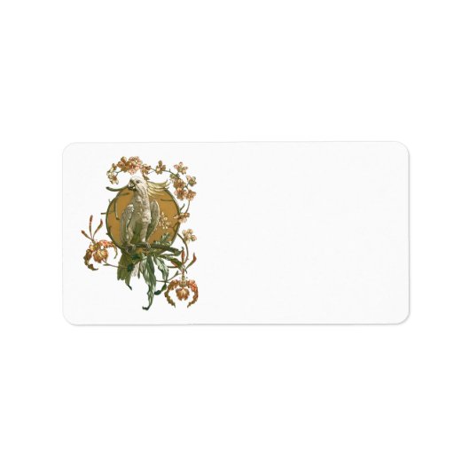 ヴィンテージアールヌーボー、コッカトー鳥、蘭の花 ラベル (正面)