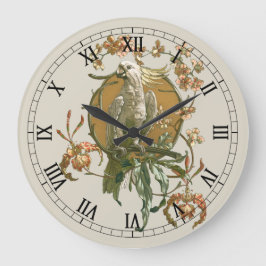 ヴィンテージアールヌーボー、コッカトー鳥、蘭の花 ラージ壁時計