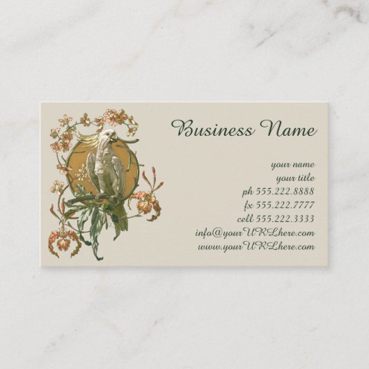 ヴィンテージアールヌーボー、コッカトー鳥、蘭の花 名刺 (正面)