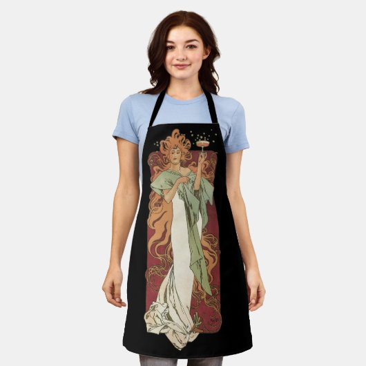 ヴィンテージアールヌーボー、シャンパンバイアルフォンスミュシャ エプロン (着用した状態)