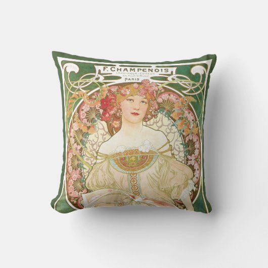 ヴィンテージアールヌーボー、シャンペノワバイアルフォンスミュシャ クッション (正面)