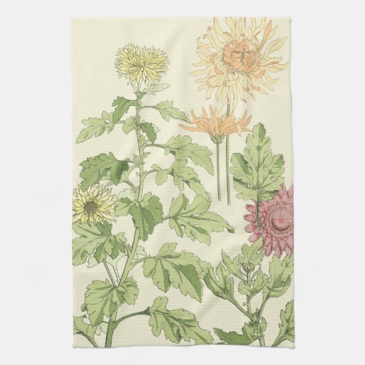 ヴィンテージアールヌーボー、庭の菊 キッチンタオル (縦)