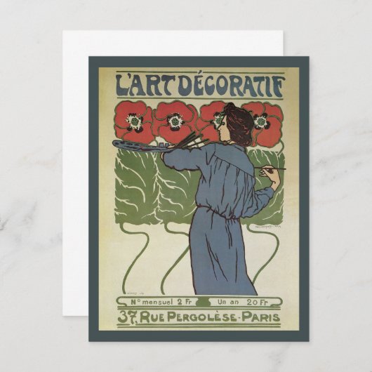 ヴィンテージアールヌーボー、絵画アーティストのポピーな花 (正面/裏面)