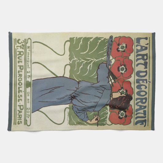 ヴィンテージアールヌーボー、絵画アーティストのポピーな花 キッチンタオル (横)