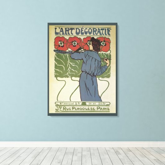ヴィンテージアールヌーボー、絵画アーティストのポピーな花 キャンバスプリント (インサイチュ (ウッドフロア))
