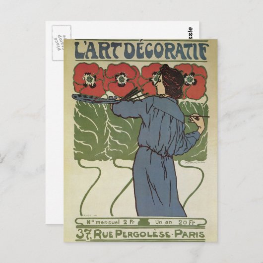 ヴィンテージアールヌーボー、絵画アーティストのポピーな花 ポストカード (正面/裏面)
