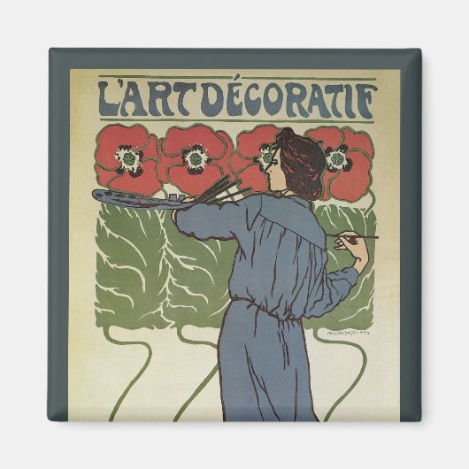 ヴィンテージアールヌーボー、絵画アーティストのポピーな花 マグネット (正面)