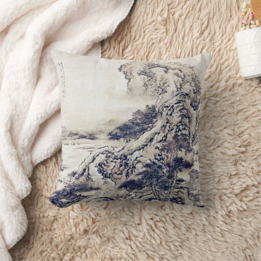 ヴィンテージア中国のート絵画ランドスケープ白黒 クッション (ブランケット)