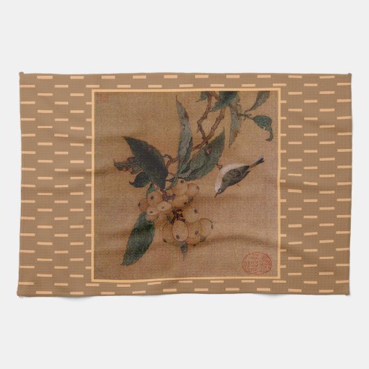 ヴィンテージア中国のート銀色の鳥類とイワレ キッチンタオル (横)