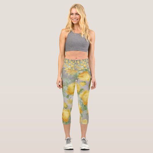 ヴィンテージイエローとグレーの水色フローラ カプリレギンス (正面)