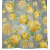 ヴィンテージイエローとグレーの水色フローラ シャワーカーテン (正面)