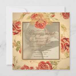 ヴィンテージイエローのラスティックレッドローズウェディングフォト招待状 招待状