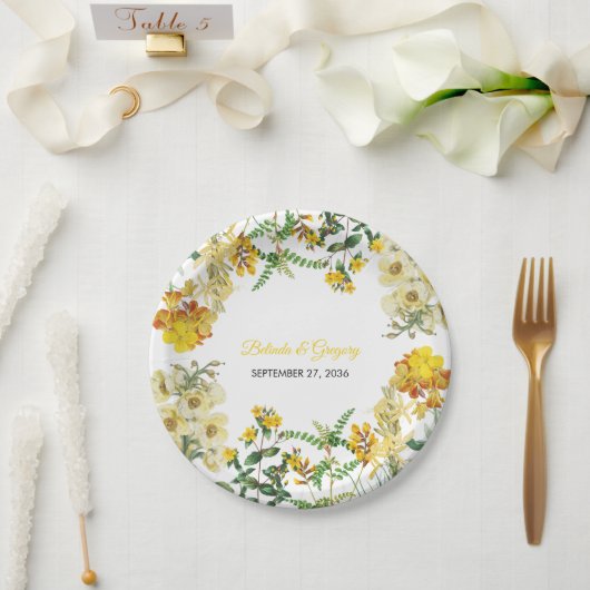 ヴィンテージイエローの水彩花ボタニカルウェディング ペーパープレート (ウェディング)