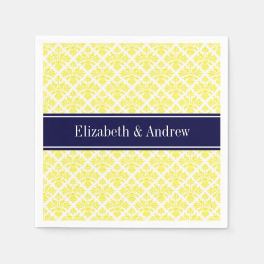ヴィンテージイエローウィットダマスク#3ネイビーネームモノグラム スタンダードカクテルナプキン (正面)