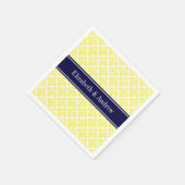 ヴィンテージイエローウィットダマスク#3ネイビーネームモノグラム スタンダードカクテルナプキン (角)