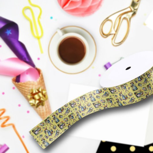 ヴィンテージイエローウォーターカラーイースターバニーパターン サテンリボン