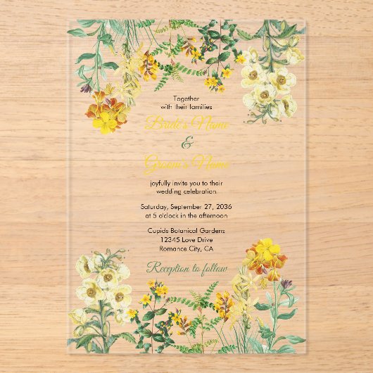 ヴィンテージイエローウォーター色フローラボタニッ結婚クス アクリル招待状 (正面)