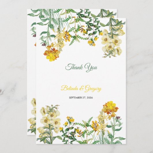 ヴィンテージイエローウォーター色フローラボタニッ結婚クス サンキューカード (正面/裏面)