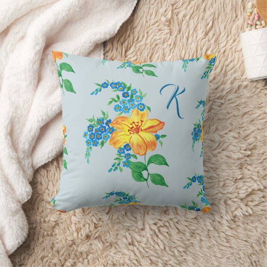 ヴィンテージイエローオレンジフラワーベビーブルーモノグラム クッション (ブランケット)