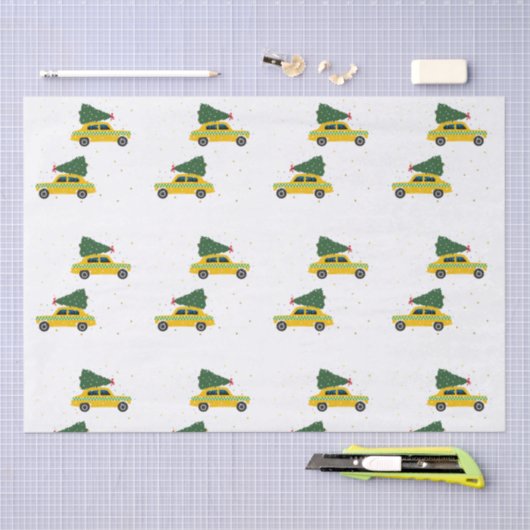 ヴィンテージイエローキャブタクシークリスマススノーパターン 薄葉紙 (クラフト)
