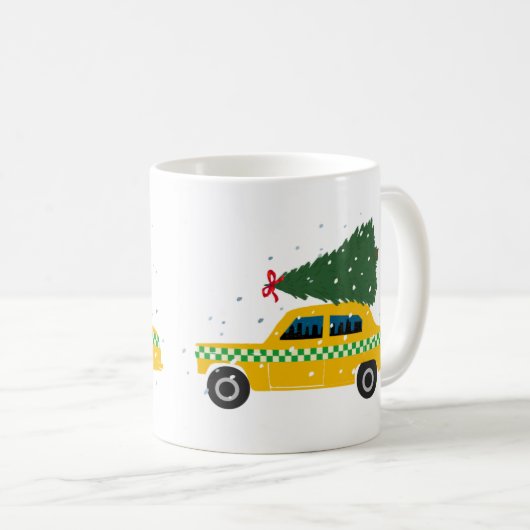 ヴィンテージイエローキャブタクシークリスマスツリースケッチ コーヒーマグカップ (正面右)