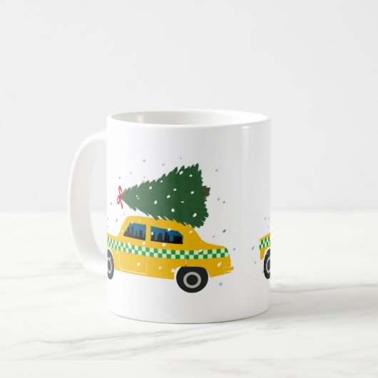 ヴィンテージイエローキャブタクシークリスマスツリースケッチ コーヒーマグカップ (正面左)