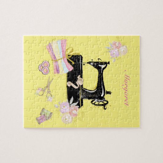 ヴィンテージイエローキルティング裁縫機 ジグソーパズル (横)