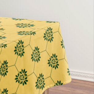 ヴィンテージイエローグリーンバルセロナフラワーパターン テーブルクロス