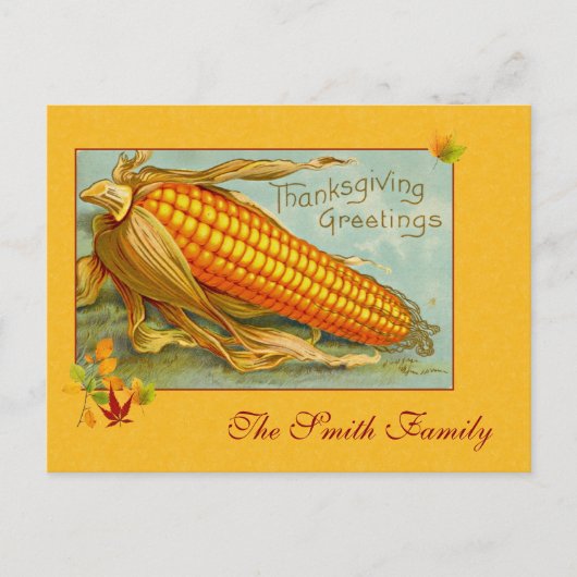 ヴィンテージイエローコブオブコーンサンクスギビング挨拶 シーズンポストカード (正面)