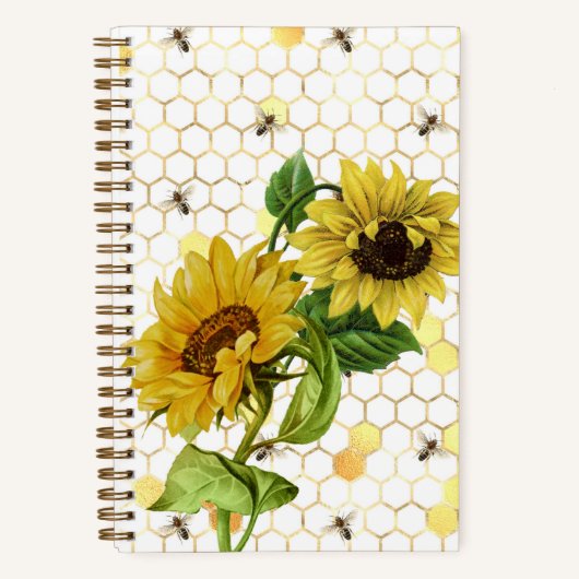 ヴィンテージイエローサンフラワーハチハニカム ノートブック (正面)