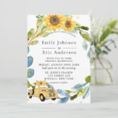 ヴィンテージイエロートラックひまわり結婚の花の青の招待 招待状 (スタンド正面)