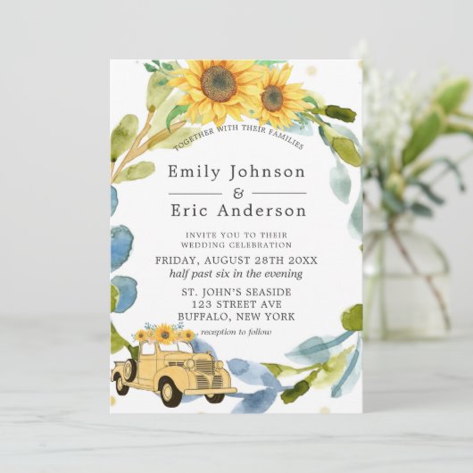 ヴィンテージイエロートラックひまわり結婚の花の青の招待 招待状 (スタンド正面)