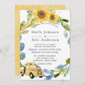 ヴィンテージイエロートラックひまわり結婚の花の青の招待 招待状 (正面/裏面)