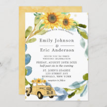 ヴィンテージイエロートラックひまわり結婚の花の青の招待