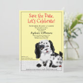 ヴィンテージイエロードッグパピーベイビーシャワー招待状 セーブザデート (スタンド正面)