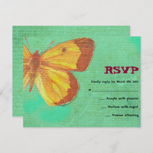 ヴィンテージイエローバタフライバルミツワー返信カード 出欠カード (正面/裏面)