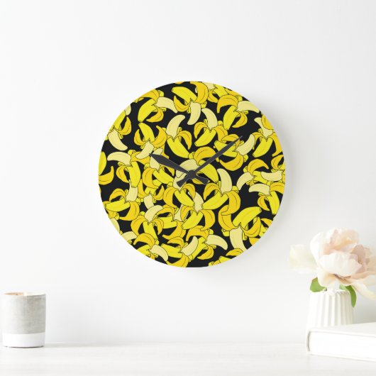 ヴィンテージイエローバナナ:黒い背景 ラージ壁時計 (ホーム)
